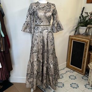 C&M Silver  Gold gray Brocade Floor Length Gown tiered skirt rhinestone Belt